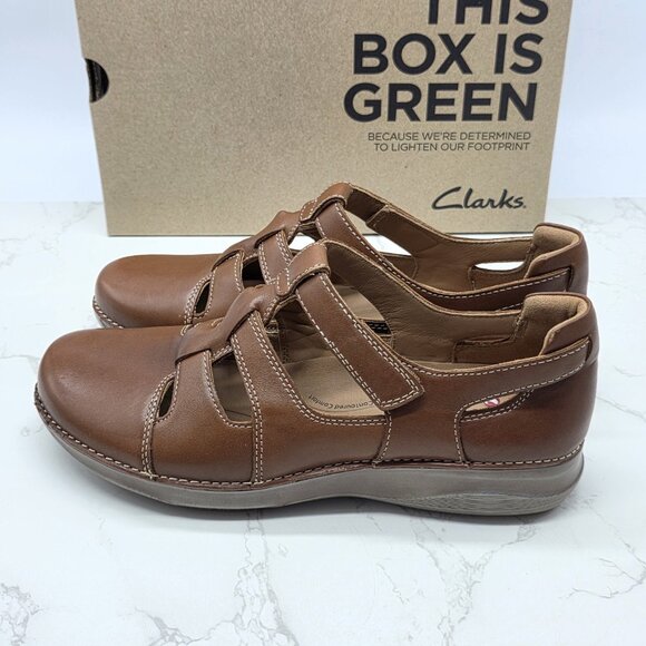 Clarks Appley Strap Shoes Womens 9 M Tan Leather Closed Sandal Sneaker Comfort - Picture 8 of 13
